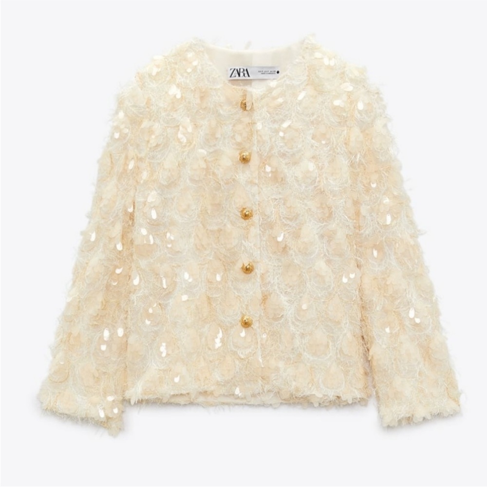 Zara SEQUIN JACKET  color cream bloggers favorite